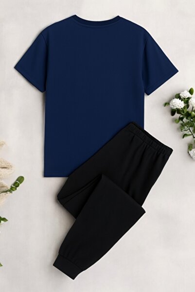 Trend Sizde Unisex Navy Blue Ciao Printed Top and Bottom Tracksuit Set