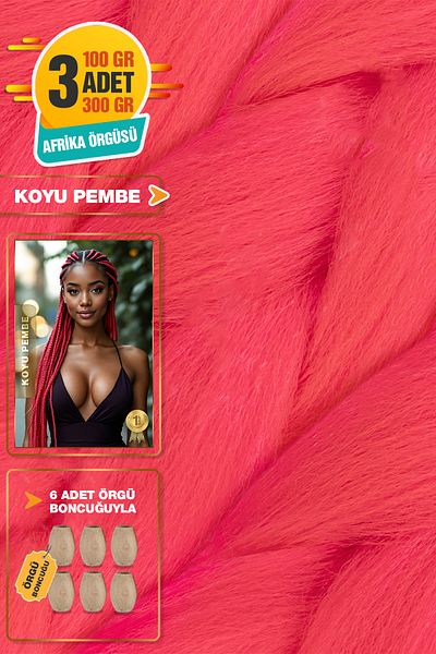 TAM TARZ 3Pcs Fiber Synthetic Hair for African Braiding - Dark Pink + 6Pcs Braiding Beads