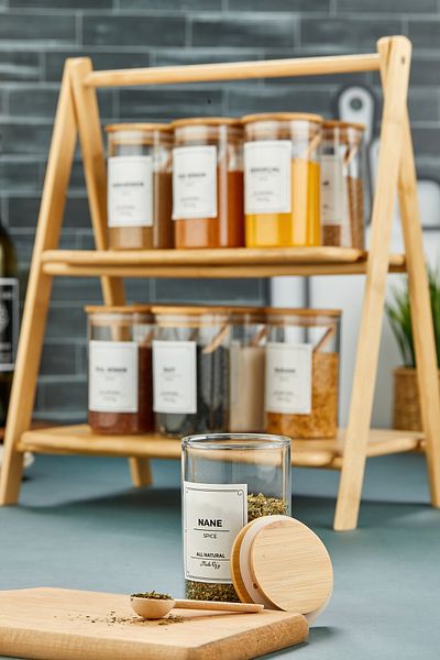 MODA OZY Set of 12 Vacuumed Bamboo Lids and Bamboo Stands 250ml Borosilicate Glass Spice Rack Set (Including Spoon Label)