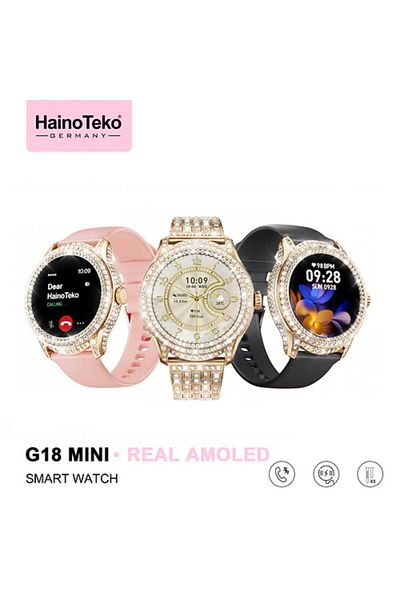 haino teko germany G18 Mini Smart Watch Real AMOLED Screen with 2 Silicone Straps and Gold Beaded Bracelet for Women Multicolor