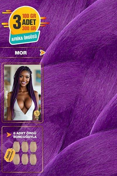 TAM TARZ 3 Pieces of Fiber Synthetic Hair for African Braiding - Purple + 6 Pieces of Braiding Beads