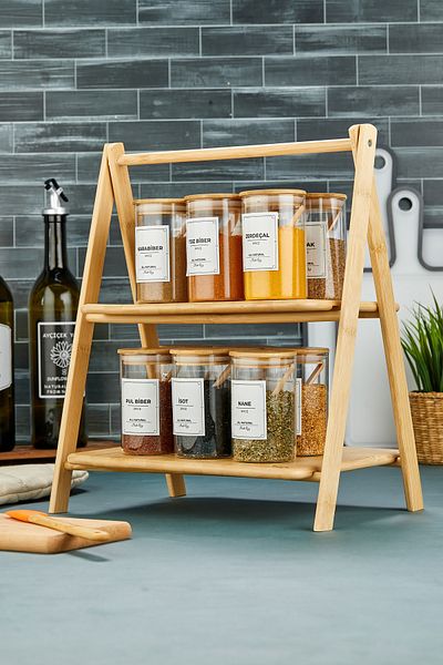 MODA OZY Set of 12 Vacuumed Bamboo Lids and Bamboo Stands 250ml Borosilicate Glass Spice Rack Set (Including Spoon Label)