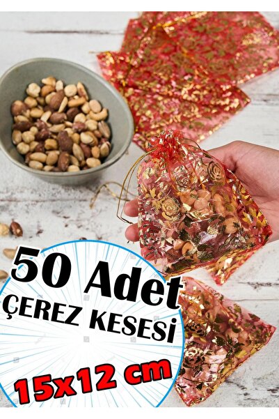 Dantelux 50 Adet Klasik Tül Çerez Kesesi (15x12 cm) - Kırmızı Yaldızlı