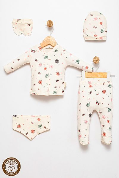 MAHFEL 100% Cotton Organic Chicory Printed Newborn Hospital Discharge Set 5 Pieces