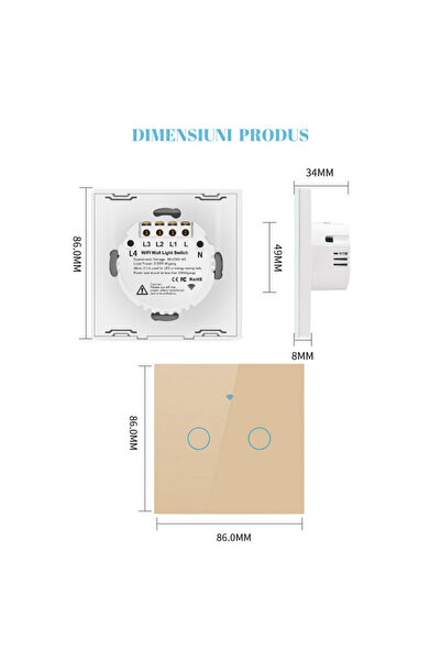 VisionHub Smart Touch Switch, Wireless, Wi-fi, 2 Channels, Tempered Glass,iOS/Android,Tuya,Amazon Alexa/Google