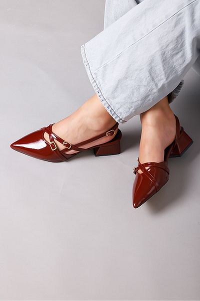 saramary Women's Burgundy Patent Leather Open Back Mary Jane Daily Pointed Toe Ballerina Buckle Detail Short Heeled Shoes