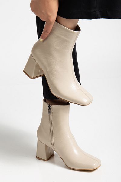 halabi moda Women's Beige Cream Square Toe Short Ankle Boots