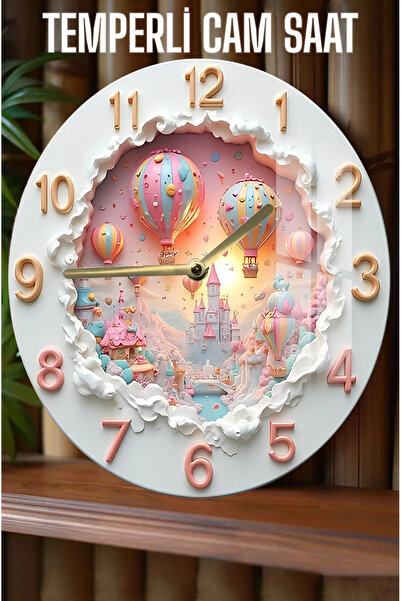 kutuTR Balon ve Masal Diyarı Temalı 3D Görünümlü Temperli Cam Saat – 33 cm CSDW102