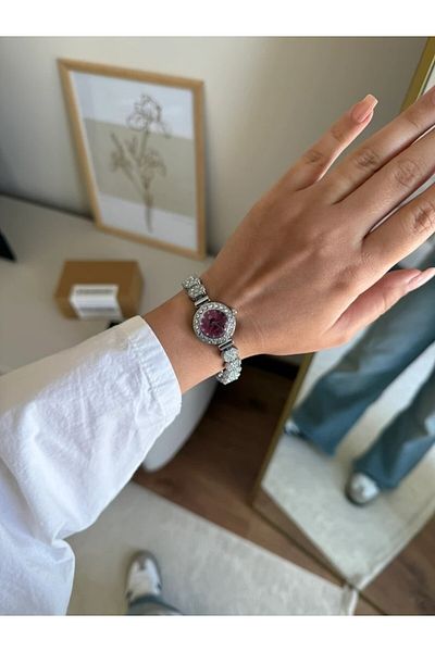 RoseandRoses Shrix Stylish Women's Wrist Watch with Stone Silver (Burgundy Dial)