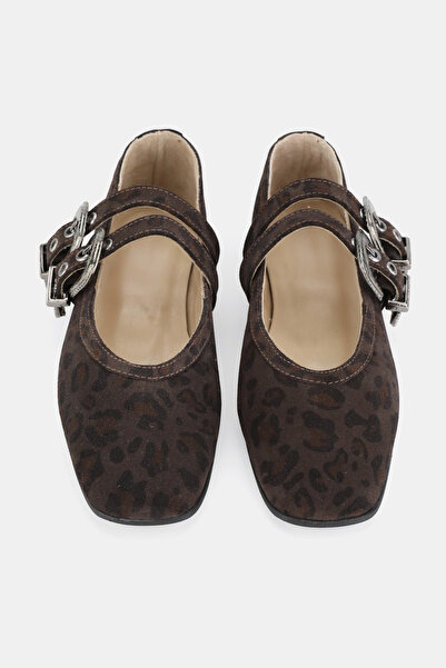 TUNAELLİ Women's Brown Suede Khaki Natural Leather 35-41 Number Buckle Band Leopard Patterned Ballet Flat