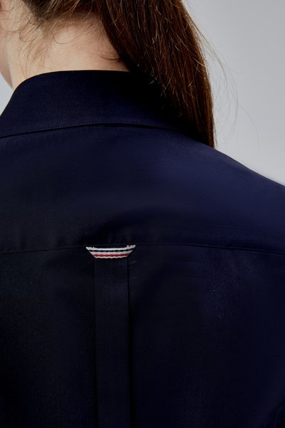 FARQIN Navy Blue Cotton Satin Lycra Stripe and Button Detailed Slim Fit Women's Shirt