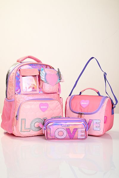 MUGGLE 5780 Girl's Pink 3-Piece School Set (Large Bag + Lunch Box + Pen Holder) – Love Patterned