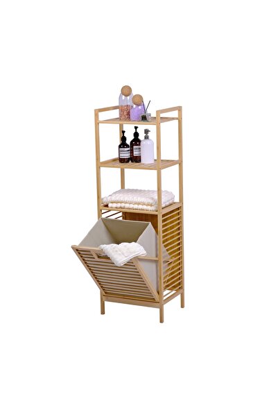 Milonsa Çamaşır Sepetli Bambu Banyo Düzenleyici Raf 3 Raflı Kirli Sepeti Bany...