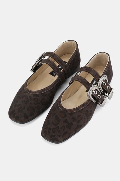TUNAELLİ Women's Brown Suede Khaki Natural Leather 35-41 Number Buckle Band Leopard Patterned Ballet Flat