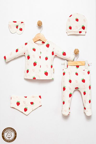 MAHFEL 100% Cotton Organic Strawberry Printed Newborn Hospital Discharge Set 5 Pieces