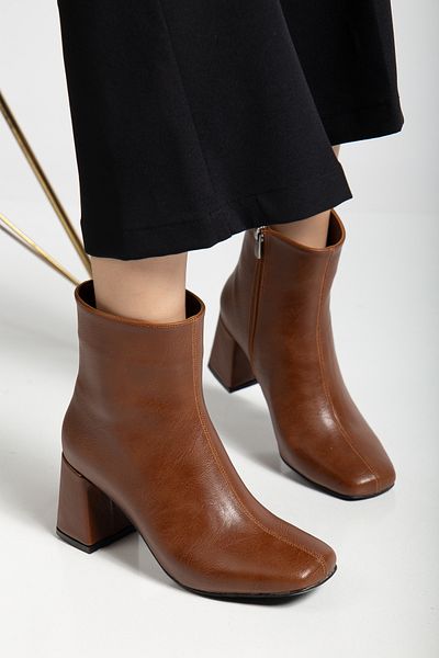 halabi moda Women's Tan Square Toe Short Ankle Boots