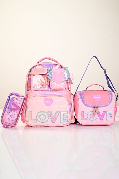 MUGGLE 5780 Girl's Pink 3-Piece School Set (Large Bag + Lunch Box + Pen Holder) – Love Patterned