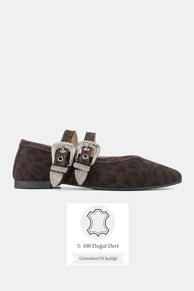 TUNAELLİ Women's Brown Suede Khaki Natural Leather 35-41 Number Buckle Band Leopard Patterned Ballet Flat