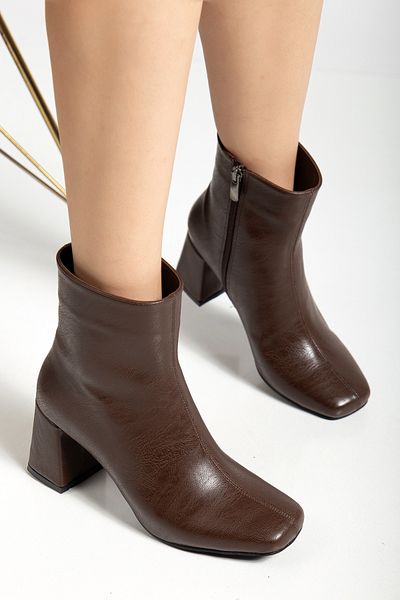 halabi moda Women's Bitter Brown Square Toe Short Ankle Boots