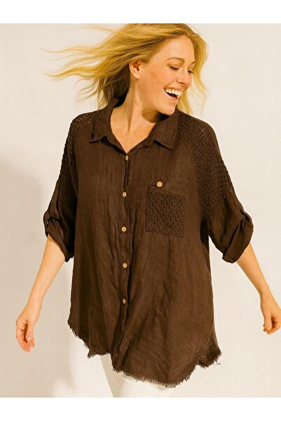 Butik İtalyan Keten Dantel Detaylı Gömlek - KAHVERENGİ