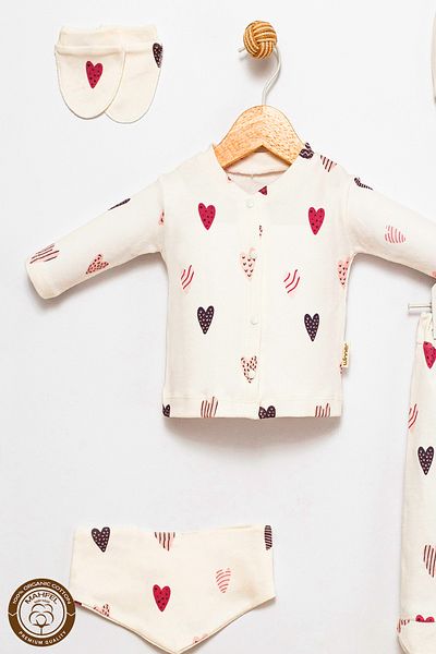 MAHFEL 100% Cotton Organic Purple Heart Printed Newborn Hospital Discharge Set 5 Pieces