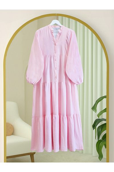 Modamorfo Bat Sleeve Half Buttoned Muslin Dress -Powder