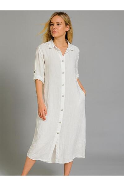 Butik İtalyan Keten Sırtı Dantelli Elbise - BEYAZ