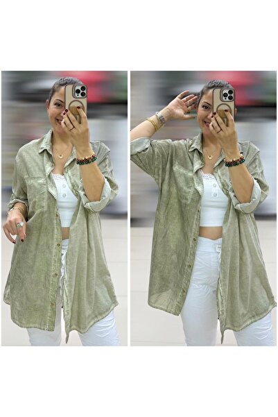 Butik İtalyan Taşlanmış Pamuklu Coton Gömlek - HAKİ