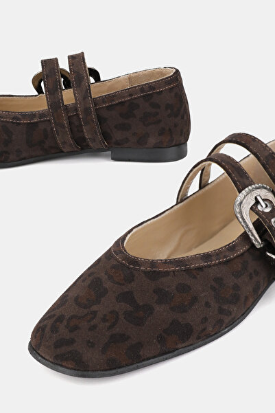 TUNAELLİ Women's Brown Suede Khaki Natural Leather 35-41 Number Buckle Band Leopard Patterned Ballet Flat