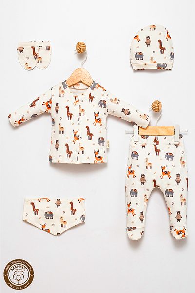 MAHFEL 100% Cotton Organic Animal World Printed Newborn Hospital Discharge Set 5 Pieces