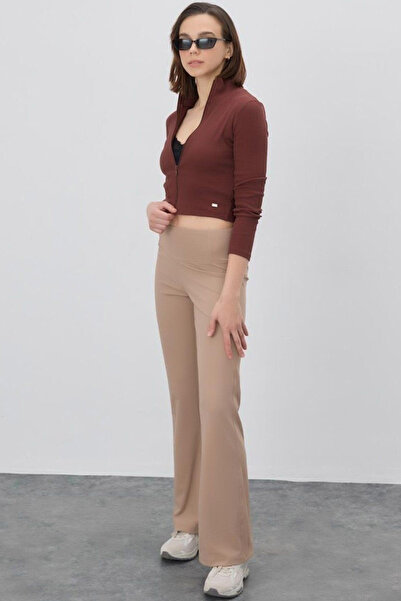 MissKybele Yarım Balıkçı Dik Yakalı Uzun Kollu Fermuar Kapamalı Fitilli Dar Kalıp Likralı Esnek Crop Hırka