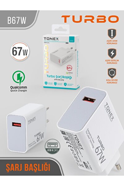 Edit Teknoloji Tonex 67W Turbo Şarj Başlığı | USB-A Ultra Hızlı Şarj | Güçlü ve Stabil Çıkış