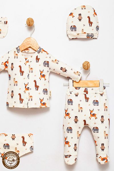 MAHFEL 100% Cotton Organic Animal World Printed Newborn Hospital Discharge Set 5 Pieces