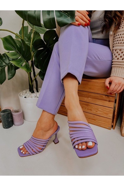 Shoego Lila Deri Bant Detay Kadın Topuklu Terlik