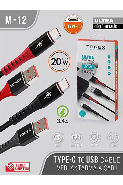 Edit Teknoloji Tonex 20W Ultra Güçlü Metalik Type-C Kablo | 3.4A Hızlı Şarj | Dayanıklı Metal Başlıklı Kablo