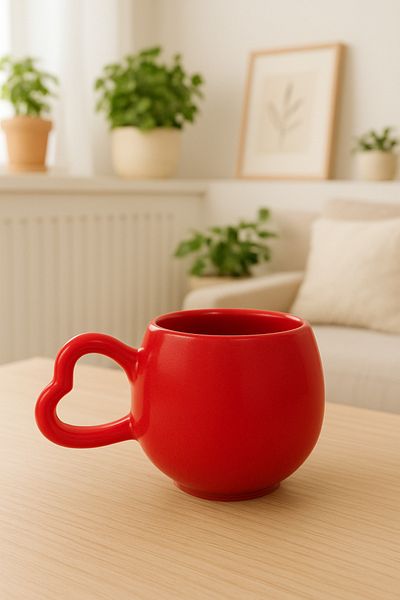 İZart Heart Handle Special Plain Red Lover Fully Handmade Ceramic Mug