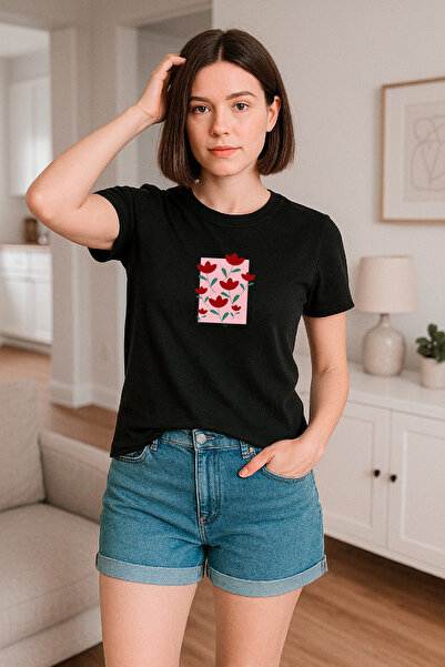 HUBERYWEAR Tricou de damă roz cu imprimeu floral pătrat, croială confortabilă...