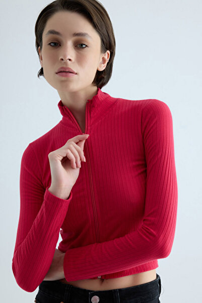 MissKybele Yarım Balıkçı Dik Yakalı Uzun Kollu Fermuar Kapamalı Dar Kalıp Likralı Esnek Soft Crop Hırka