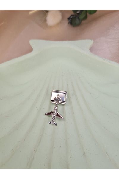 ZEYM COLLECTION "Steel Airplane Figured Zircon Stone Charm – Bracelet and Necklace Compatible"