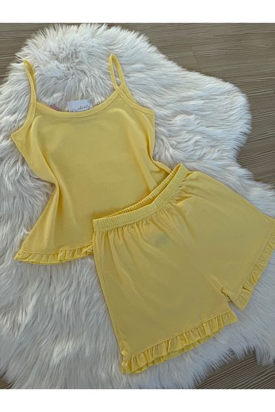 Pijamacs Yellow Cotton Rope Strap Ruffle Detail Shorts Pajama Set
