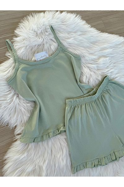 Pijamacs Mint Green Cotton Rope Strap Ruffle Detail Shorts Pajama Set