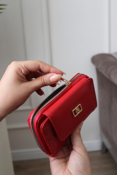 Mimoza Women's Red Two-Compartment Zippered Wallet with Crocodile Pattern