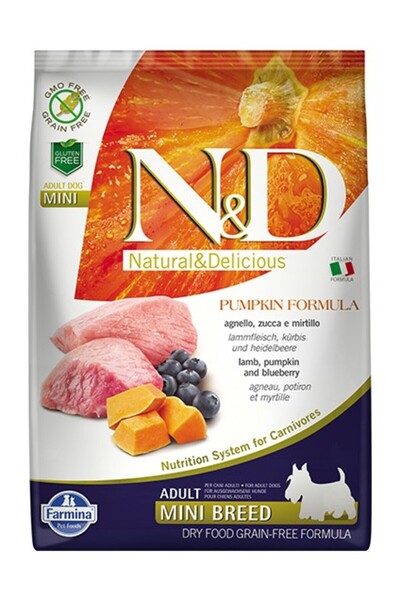 N&D Pumpkin Tahılsız Bal Kabaklı; Kuzu Etli Ve Yaban Mersinli Küçük Irk Yetişkin Köpek Maması 7 Kg