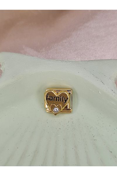 ZEYM COLLECTION "Gold Color Steel Family Written Heart Charm – Zircon Stone"
