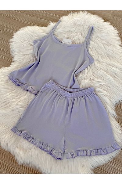 Pijamacs Lilac Cotton Rope Strap Ruffle Detail Shorts Pajama Set