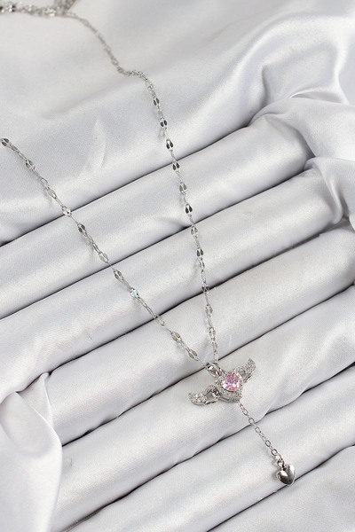 ForWhat Angel Wing Heart Pendant with Silver Steel Zircon for Elegant Woman