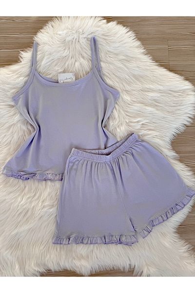 Pijamacs Lilac Cotton Rope Strap Ruffle Detail Shorts Pajama Set
