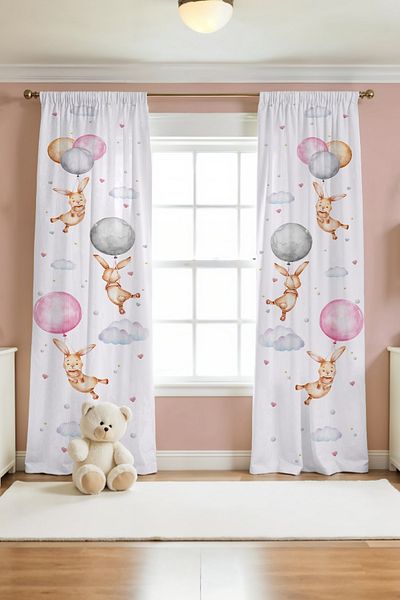EVPANYA Swinging Rabbit Patterned Children's Baby Room Background Curtain with Balloons (Single Wing Pricing)