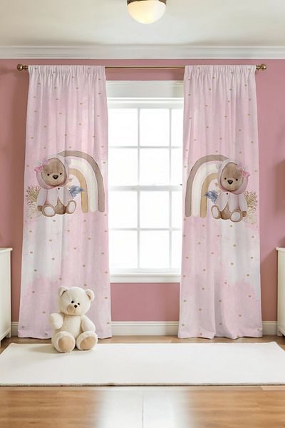 EVPANYA Pink Teddy Bear Patterned Children's Baby Room Background Curtain (Single Wing Pricing)