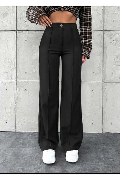 Es Sport Palazzo Pants Raised Waist Back Belt Elastic Button Closure.